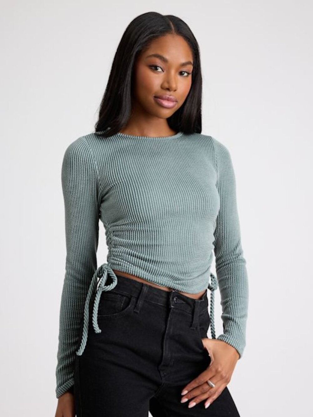 Lulus Sweet Ease Sage Green Textured Ribbed Ruched Long Sleeve Top - Size XS